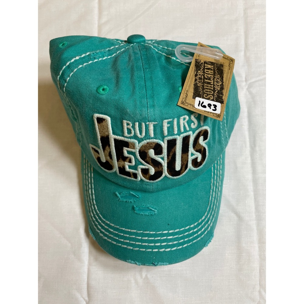 KBETHOS Baseball Cap Women OS Teal NWT But First Jesus Distressed Leopard Print